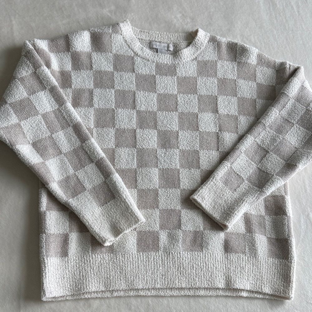 Barefoot Dreams Checkered Crewneck Sweater - Cream and Tan